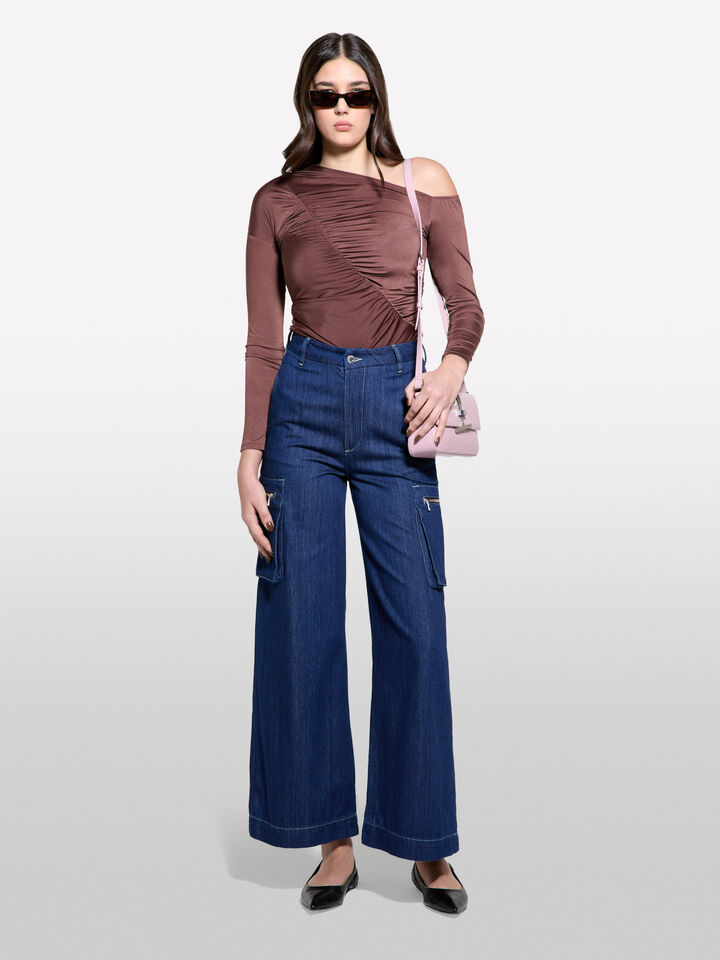 Dark brown t-shirt with rouching - women's tops - Dark Brown | Sisley image number 1